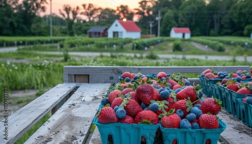 Farm stand brimming with fresh strawberries, blueberries, and early summer fruits for picking