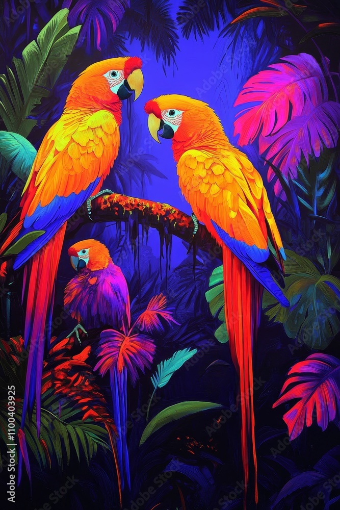 Obraz premium Vibrant macaws in lush, neon tropical foliage.