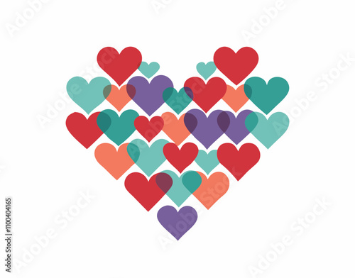 Overlayed heart shapes in vibrant colors arranged in a heart formation on a white background
