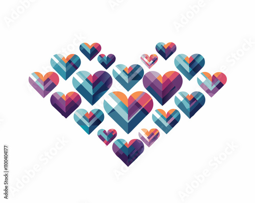 Stylized heart shapes in vibrant colors arranged in a heart formation on a white background