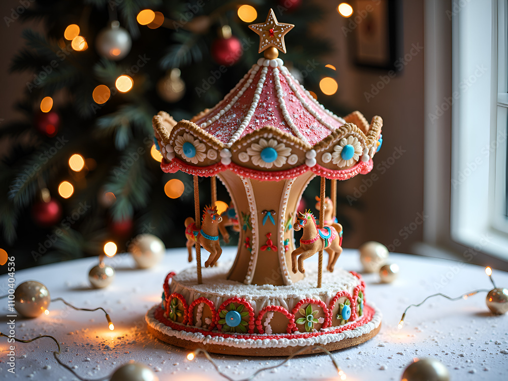 Obraz premium Whimsical gingerbread carousel surrounded by festive lights and christmas decor, photography of still life concept.