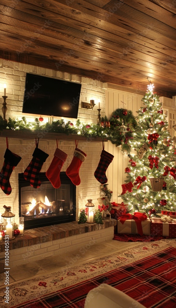 Fototapeta premium Cozy holiday living room with christmas tree, stockings by the fireplace, and twinkling lights