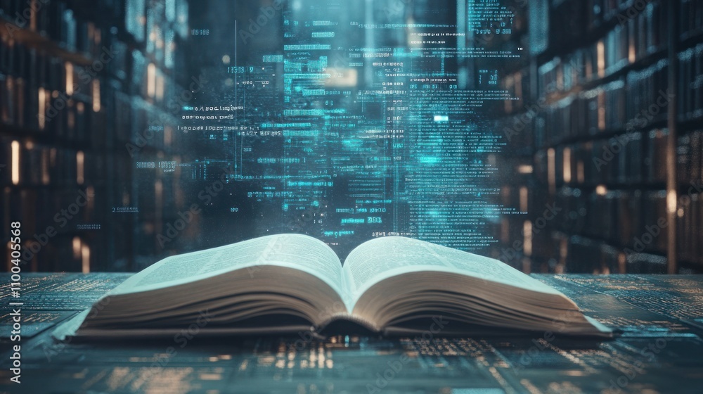 Fototapeta premium Open Book with Digital Data Streams in a Library: Bridging Traditional Knowledge and Modern Technology