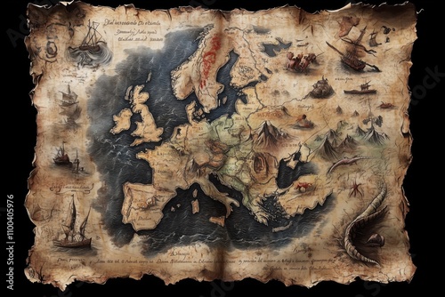 Medieval Europe Map with Mythical Creatures and Hand-Drawn Details