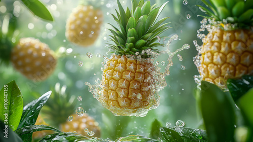 Fresh pineapples splashing in water among green leaves in a lush garden setting photo