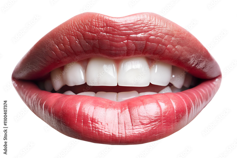 Obraz premium A close-up of luscious red lips showcasing beautifully whitened teeth, embodying confidence and allure against a sleek transparent background. PNG on a transparent background, mockup