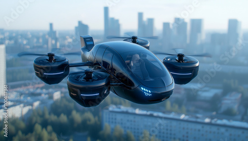 Futuristic electric air taxi flying over city skyline in daylight