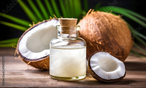 Coconut oil in a glass bottle. Coco halves on a wooden table