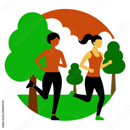Vector illustration of two women jogging in a park, highlighting fitness and outdoor activity. Ideal for promoting a healthy lifestyle and nature-related designs.