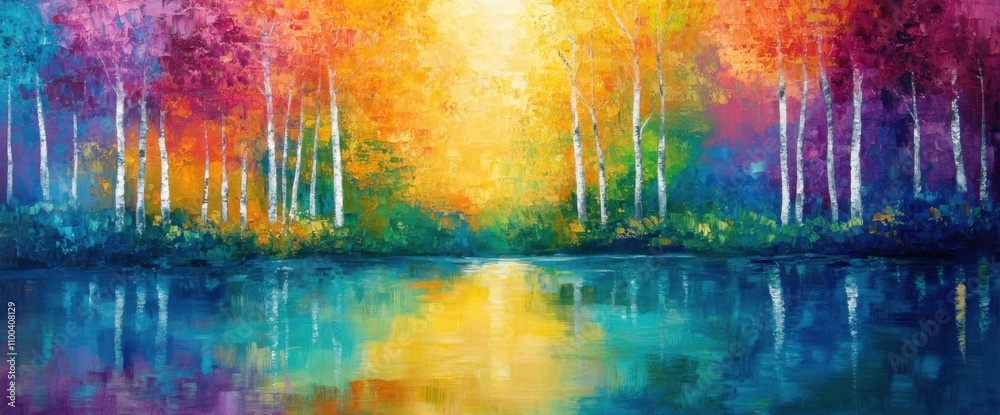 An oil painting depicting vibrant autumn trees, showcasing a semi-abstract forest scene with aspen trees displaying yellow and red leaves, and a lake. An oil painting depicting vibrant autumn trees, showcasing a semi-abstract forest scene with aspen trees displaying yellow and red leaves, and a lake.