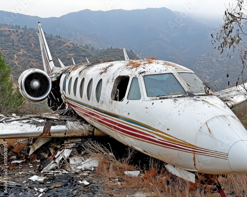 Torn airplane wing lodged in rocky hillside with scattered debris in misty mountainous terrain photo