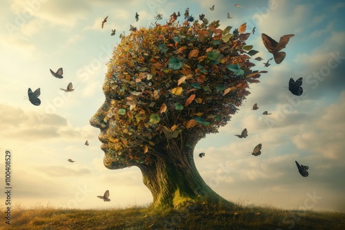 A conceptual depiction of a human head composed of natural elements such as trees and butterflies. Stock photo. photo