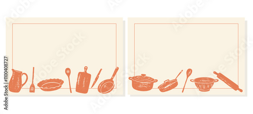 Collection of recipe card or sheet templates for making notes about meal preparation and cooking ingredients. Empty cookbook pages.