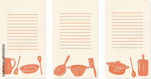 Modern Recipe card template set for cookbook. Menu Creator Vector Illustration. Pattern with Different Kitchen Utensils. Cooking Background