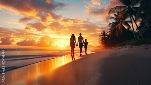 Family walking along a tropical beach at sunset, with soft sand underfoot and the sky painted in shades of orange and pink. . 4K Video