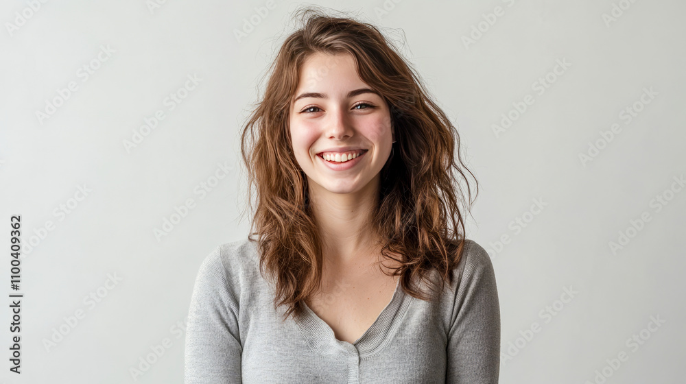 Fototapeta premium Young caucasian woman smiling against neutral background