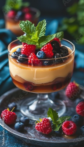 Traditional Cane Sugar Pudding with Caramel Layers and Fresh Berry Garnish for Dessert Displays photo