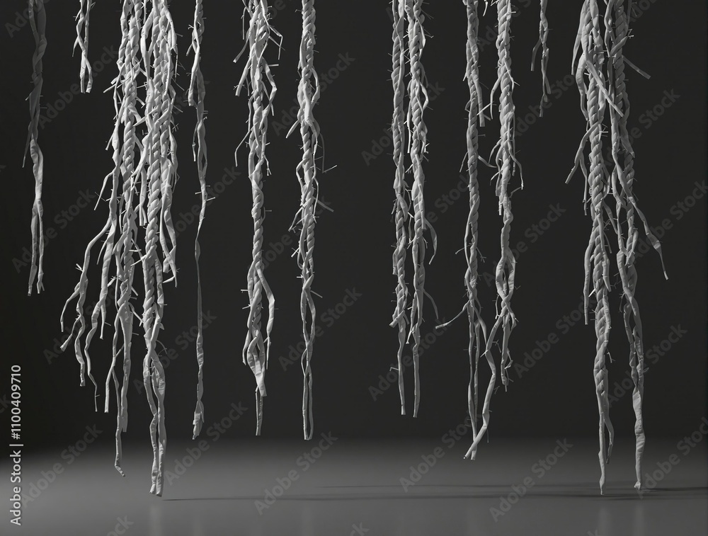 Fototapeta premium Frayed rope suspended in mid-air with loose threads trailing downwards, breaking point, snapped wire