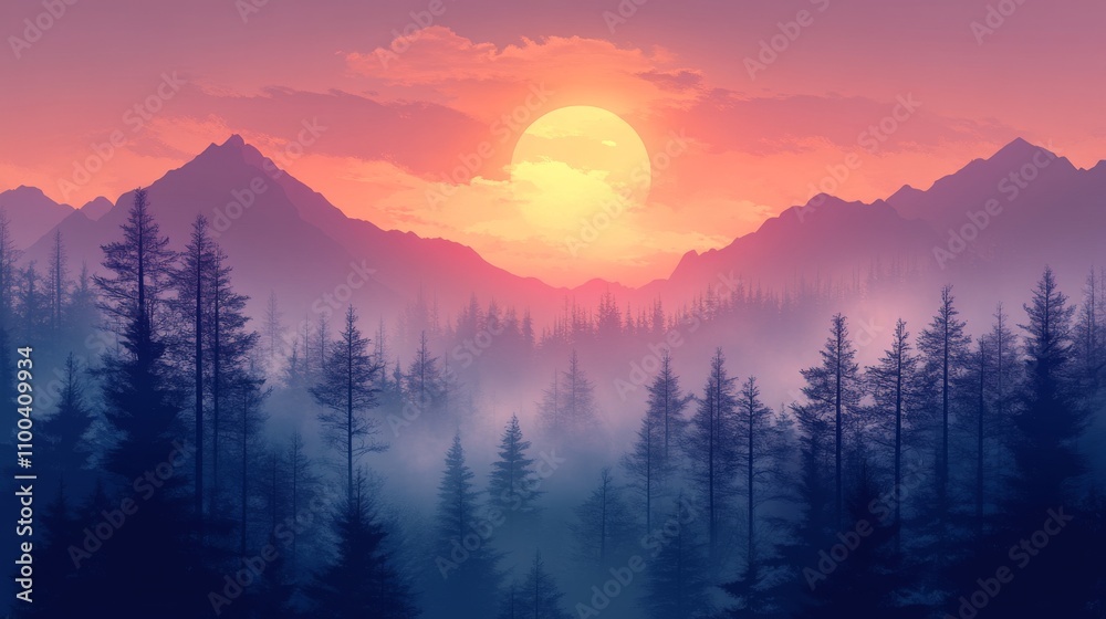 Obraz premium Majestic Sunset Over Foggy Mountain Forest