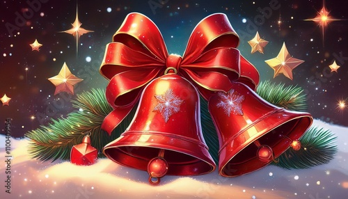 하얀 눈 위에 놓인 빨간 크리스마스 종과 주변에 반짝이는 작은 별들