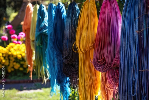 Colorful Hand-Dyed Yarn Hanging Outdoors in a Sunlit Garden Setting