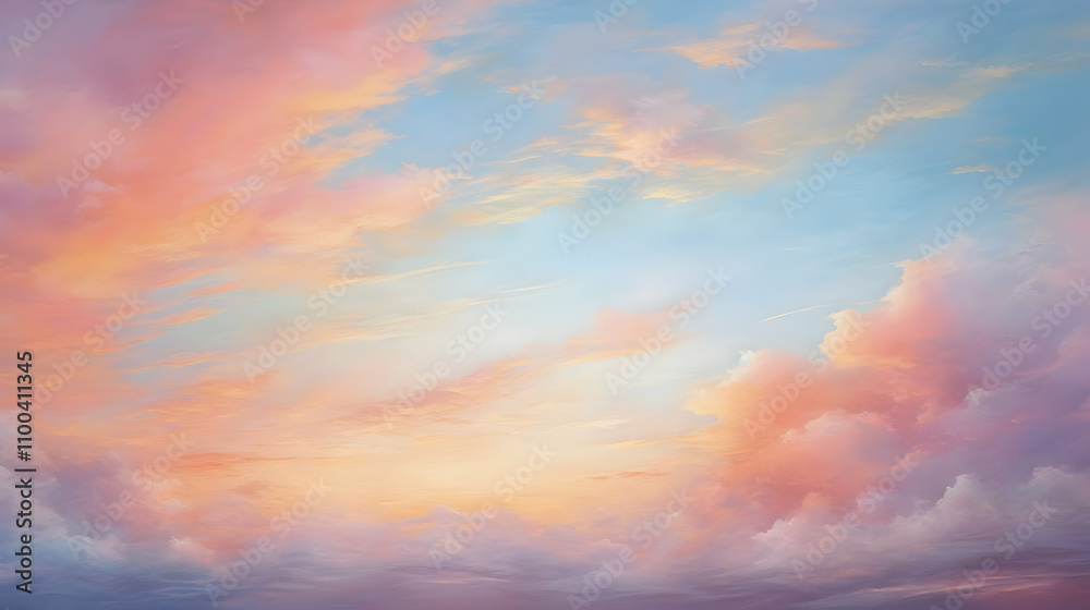 Obraz premium Soft pastel hues paint the sky at sunrise, a dreamy spectacle of pink, orange, and blue clouds. A breathtaking view of nature's artistry.