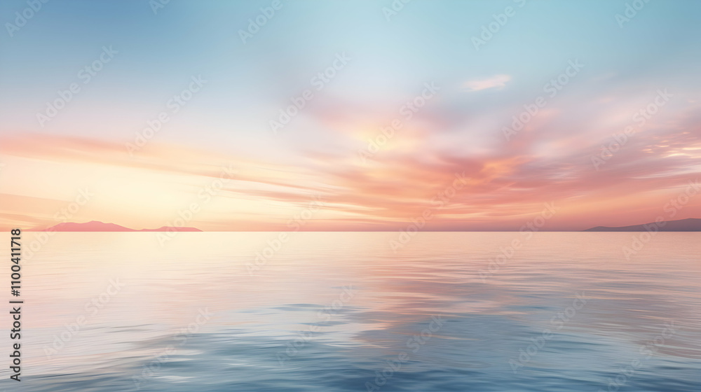 Fototapeta premium Serene sunset over calm ocean waters. Pastel colors paint the sky, creating a tranquil and peaceful atmosphere.