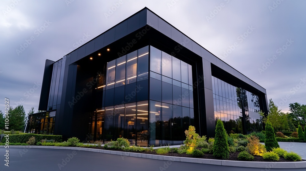 Obraz premium Modern black building with large glass windows surrounded by greenery during twilight.