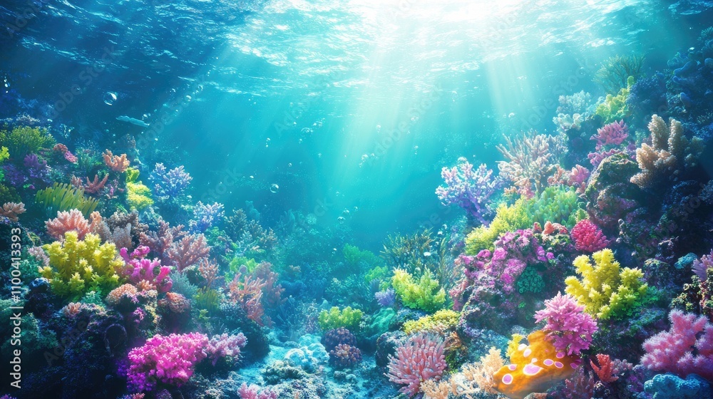 Fototapeta premium A vibrant underwater scene featuring a variety of colorful corals illuminated by sunlight.