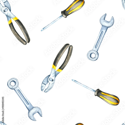 Yellow and black screwdrivers, silver wrenches, and pliers in a watercolor clipart seamless pattern. Perfect for product packaging, apparel, and backgrounds in DIY or tool-related designs