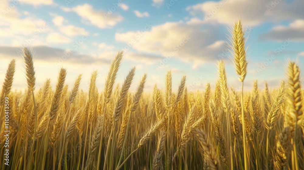 Fototapeta premium Golden wheat field under a bright blue sky with soft clouds.