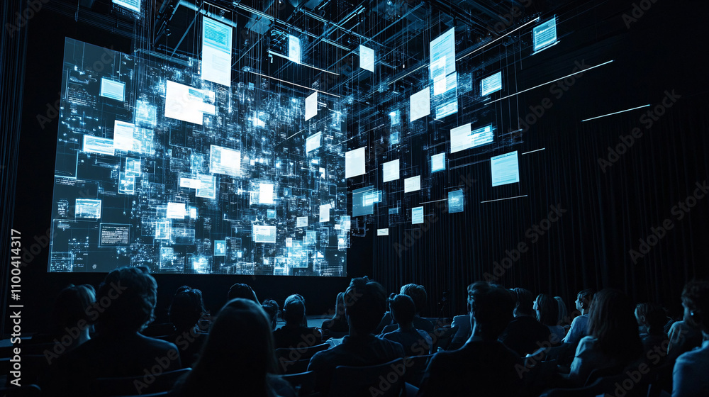 Fototapeta premium Audience Watching Floating Diagrams and Data Charts, Suspended in Mid-Air Over Their Heads 