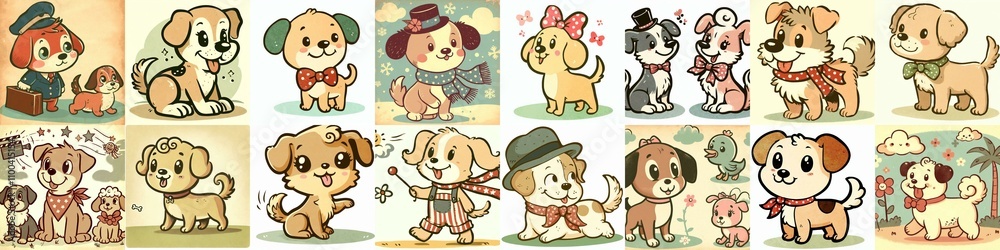 Fototapeta premium Cartoon vintage style funny dogs. AI generated illustration