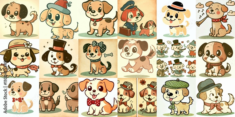 Fototapeta premium Cartoon vintage style funny dogs. AI generated illustration