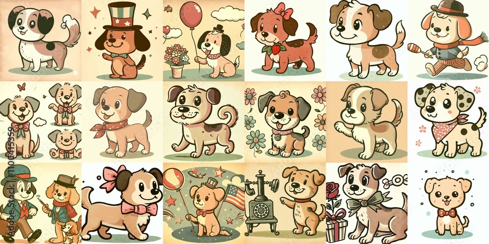 Obraz premium Cartoon vintage style funny dogs. AI generated illustration
