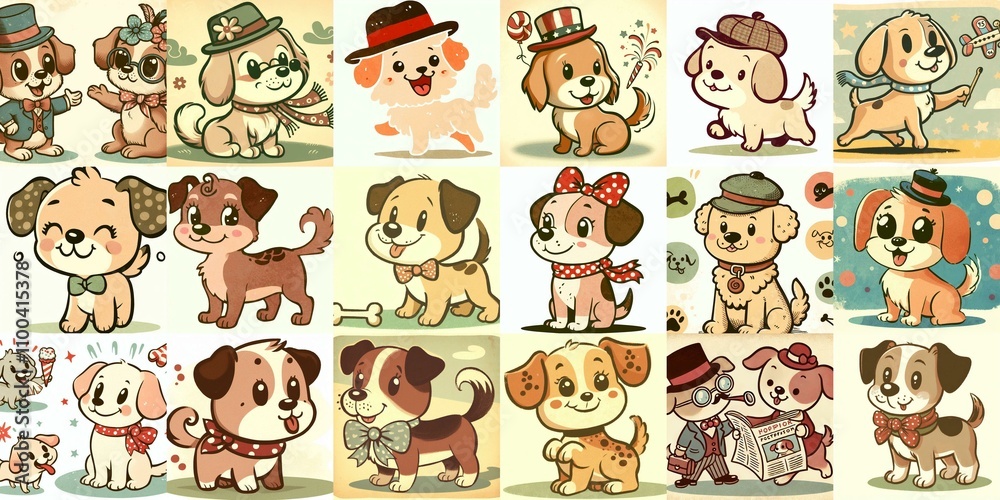 Obraz premium Cartoon vintage style funny dogs. AI generated illustration