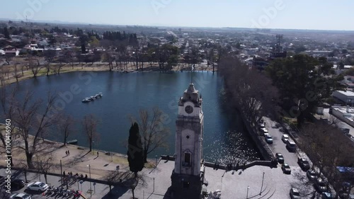 Aerial view of Lake Tajamar, the Jesuit church and the public clock in Alta Gracia in the mountains of the Province of Cordoba Argentina
