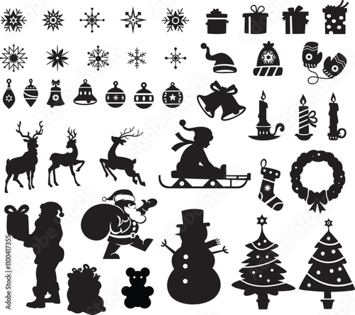 Christmas elements set icons design. Christmas collection of bells, santa, deer, nutcracker, cookies, showman, snowstar, candy, sock, tree,  candle, sock, christmas cap, gift, Snowflake, hanging.