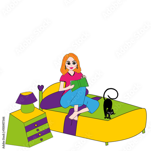 Mujer sentada en cama leyendo un libro.