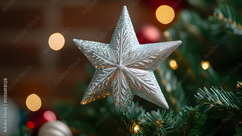 Close-up of a silver glitter star ornament on a Christmas tree, bokeh lights in the background creating a festive atmosphere. Perfect for holiday cards and winter celebrations. Close-up of a silver glitter star ornament on a Christmas tree, bokeh lights in the background creating a festive atmosphere. Perfect for holiday cards and winter celebrations.