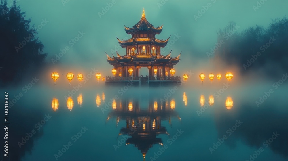 Fototapeta premium A serene pagoda illuminated at dusk, reflecting in a misty lake.