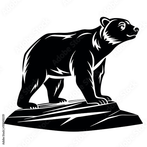 Vector Black and White Bear Silhouette on a Rock 