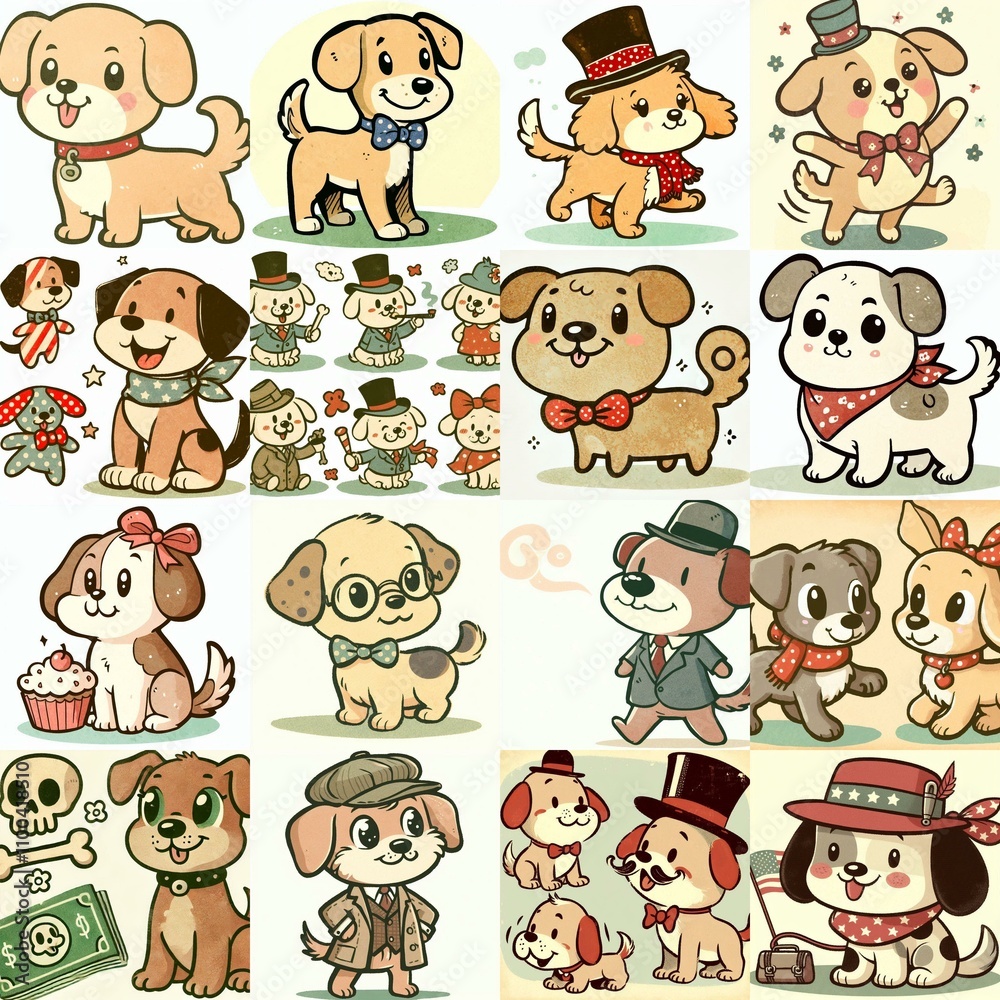 Fototapeta premium Cartoon vintage style funny dogs. AI generated illustration
