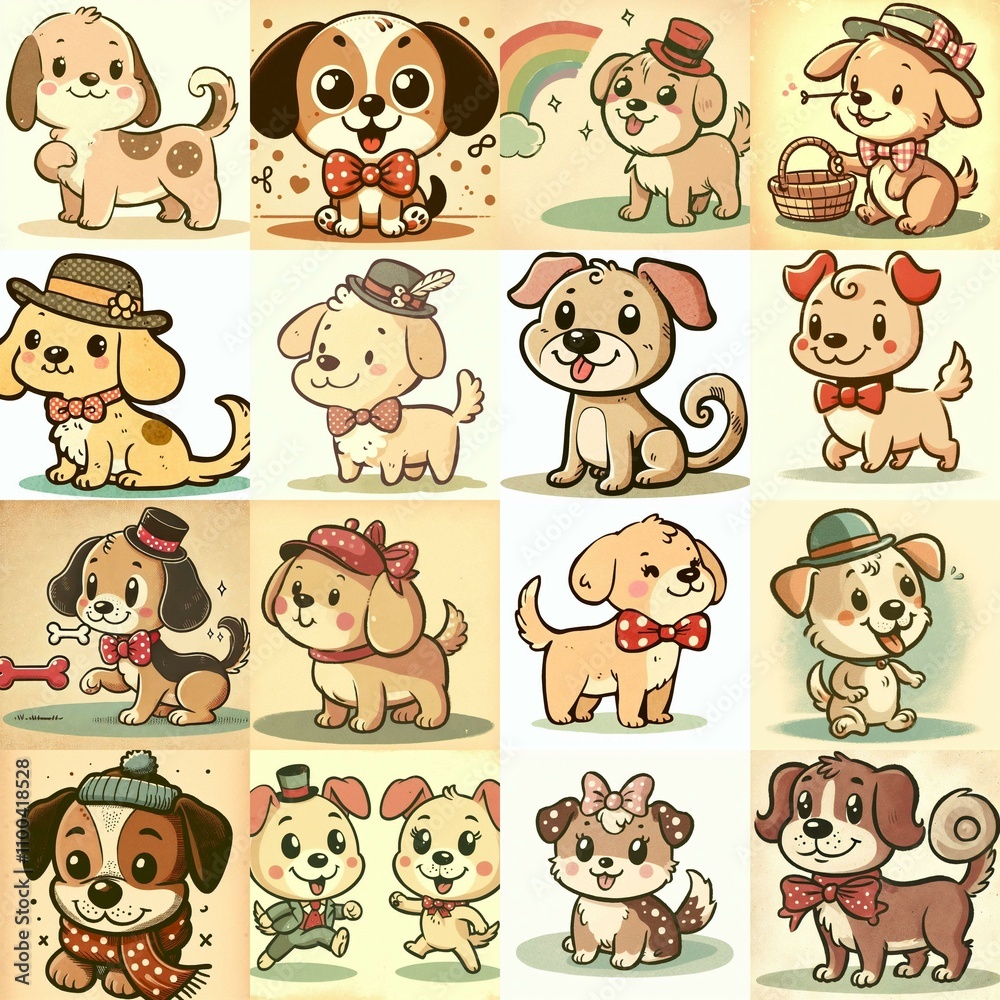 Obraz premium Cartoon vintage style funny dogs. AI generated illustration
