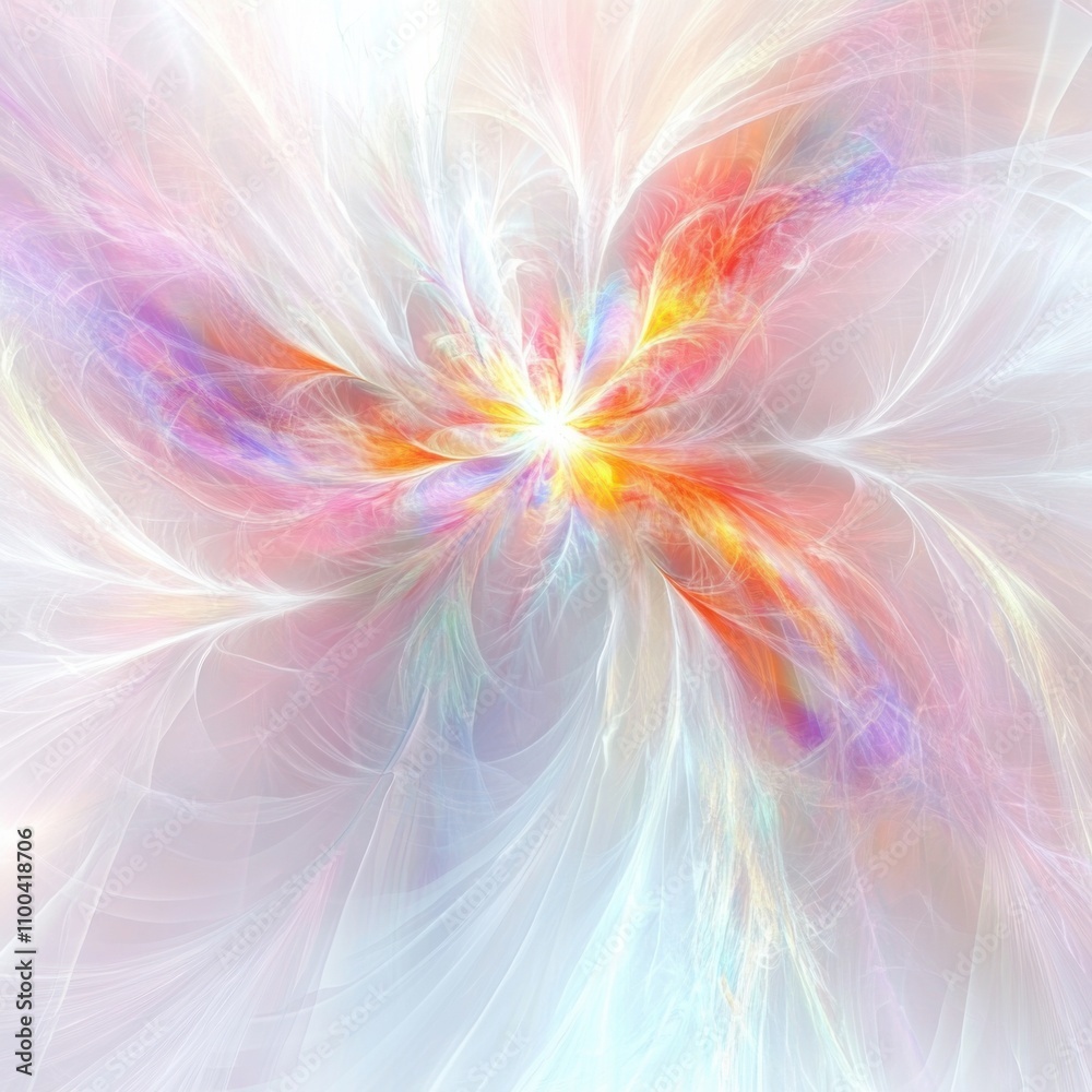 Fototapeta premium Light reflecting abstractly through a prism creates a rainbow flare, diamond refraction rays, and an iridescent glow effect.