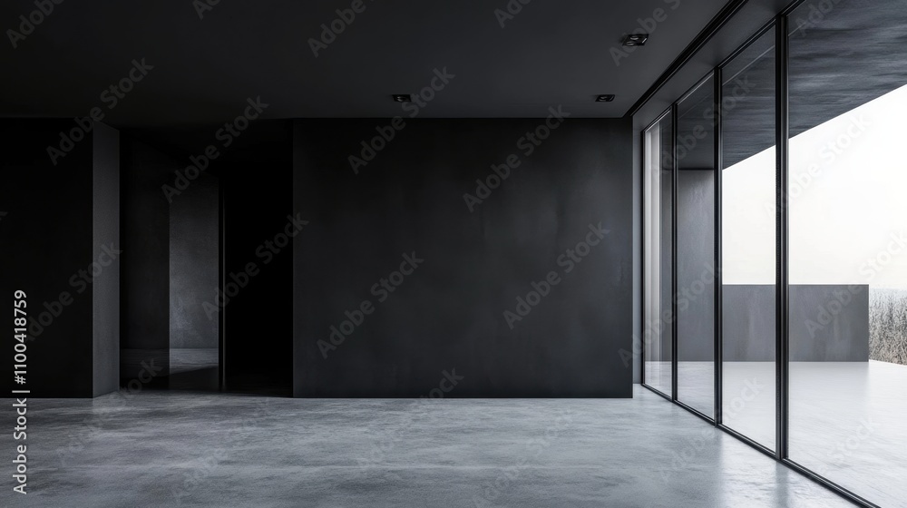 Fototapeta premium Spacious, minimalist room with a dark, monochromatic color scheme, featuring a large window overlooking an outdoor scene
