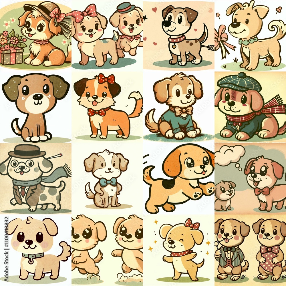 Fototapeta premium Cartoon vintage style funny dogs. AI generated illustration