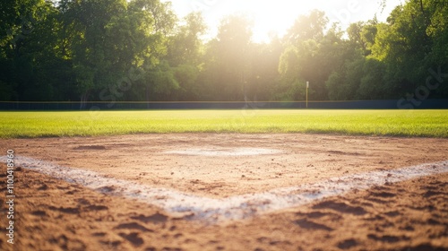 A baseball diamond with the focus on the dirt infield and base paths, outdoor setting under soft sunlight, Classic style