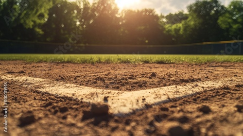 A baseball diamond with the focus on the dirt infield and base paths, outdoor setting under soft sunlight, Classic style