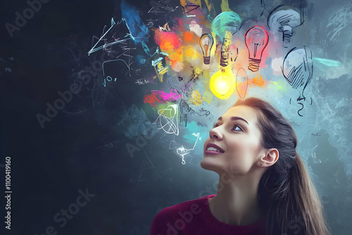 A woman with expressive features gazes up, inspired by vibrant colors and light bulbs above